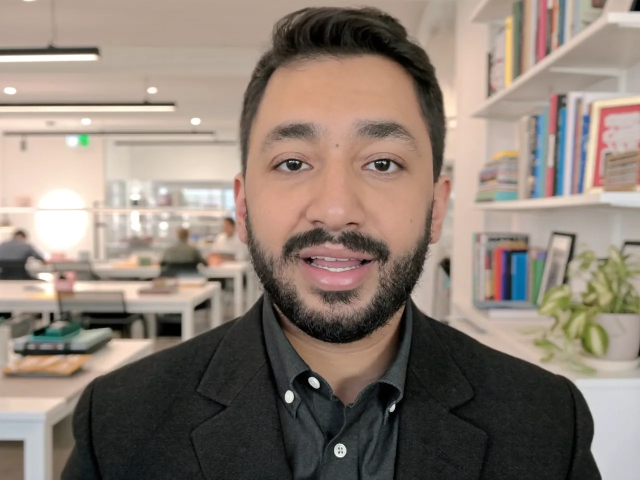 A man speaking to camera in a bright office