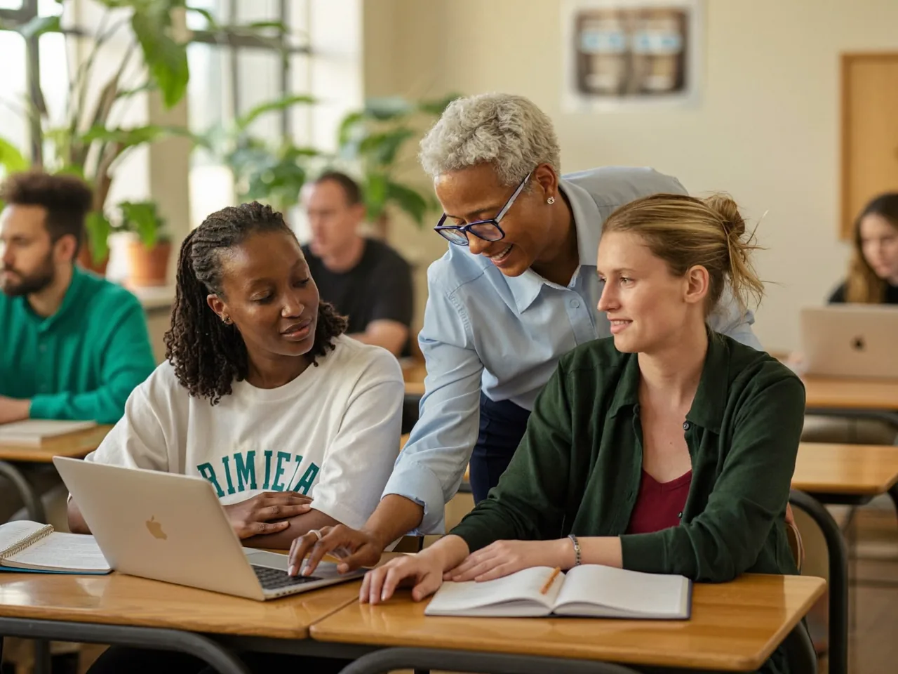 A teacher guiding two students at a laptop