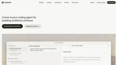 Recent homepage preview of Cursor / VS Code at cursor.com