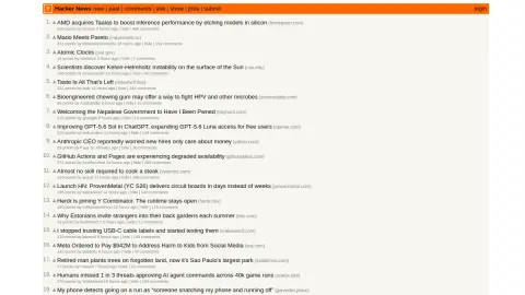 Recent homepage preview of Hacker News at news.ycombinator.com